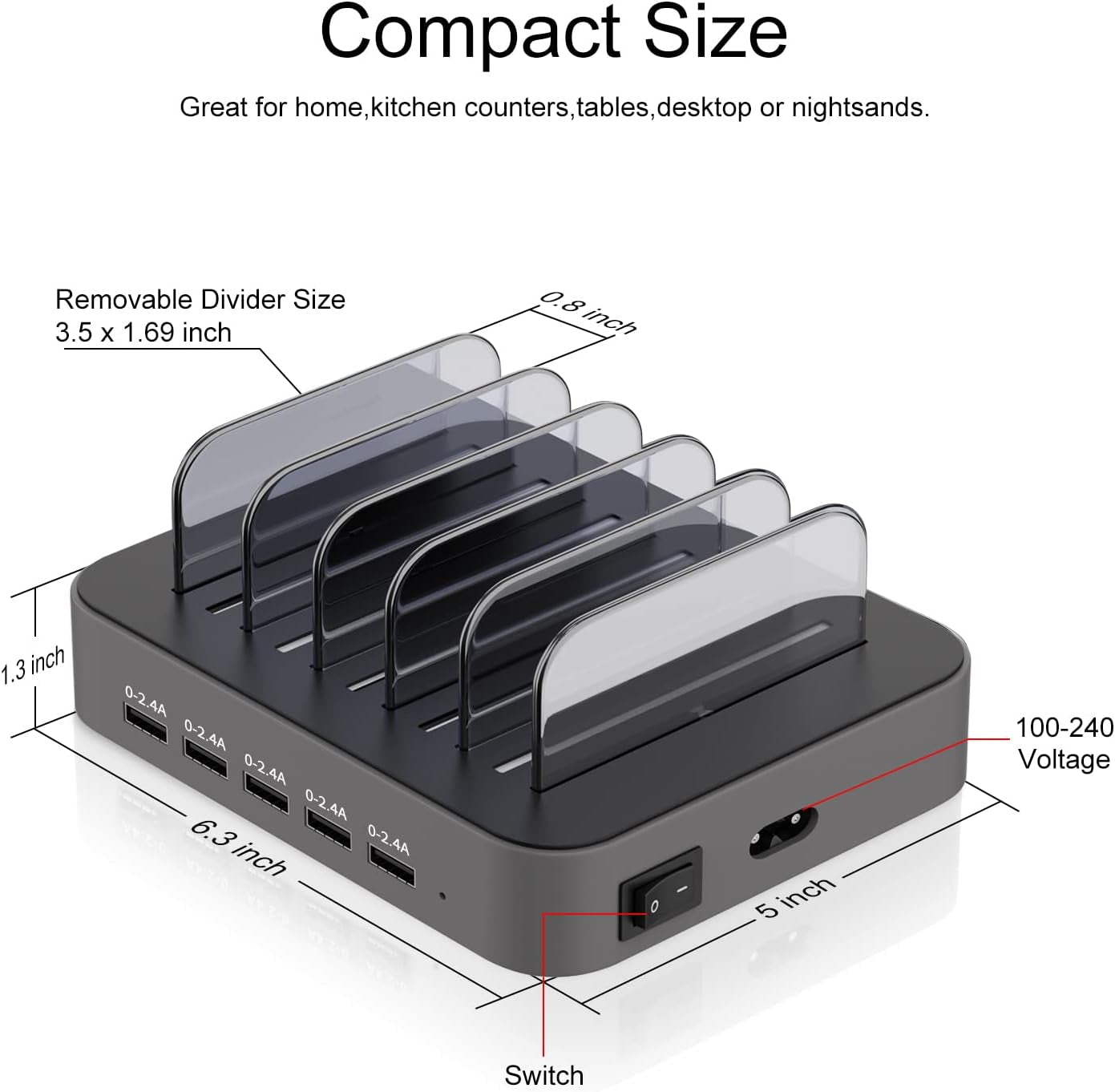 Charging Station for Multiple Devices,  5 Port Multi USB-A Charger Station with Power Switch Designed for Iphone Ipad Cell Phone Tablets (Gray, 7 Mixed Short Cables Included)